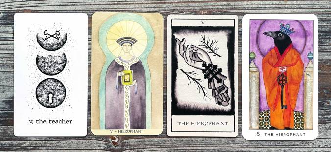 The Hierophant in the Wandering Moon Major Aracana, Tarot of the Hidden Realm, Mara Lunne Tarot, Radiant Tarot, and Second Sight Tarot