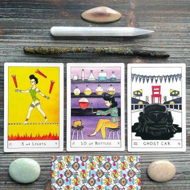 The Outsiders Tarot - Ghost Car, Chariot, 10 of Bottles, Ten of Cups, 3 of Lights, Three of Wands