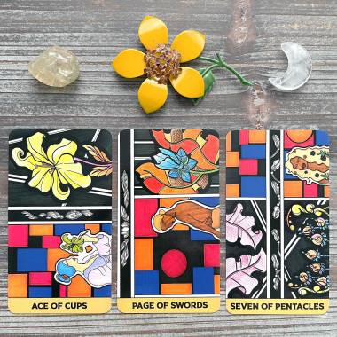 Postmondrian Tarot - Ace of Cups, Page of Swords, Seven of Pentacles