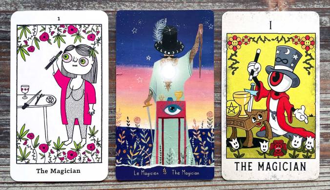 The Magician in the Four Twenty Tarot, Mystical Medleys Tarot, and Ema Poetica Tarot