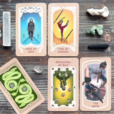 Jasmine Dragon Tarot - Four of Cups, Two of Swords, Five of Pentacles, The Devil