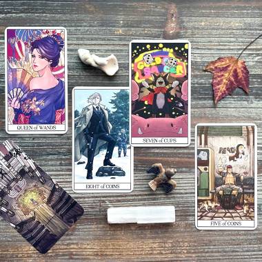 FFVII Tarot - Seven of Cups, Eight of Coins, Queen of Wands, Five of Coins