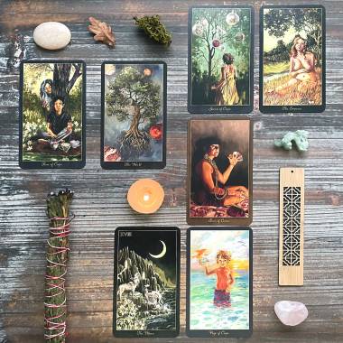 The Slow Tarot - Four of Coins, Page of Cups, The Moon, The World, Seven of Cups, The Empress, Four of Cups