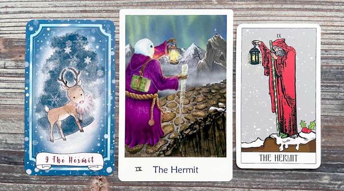 The Hermit from the Christmas Storybook Tarot, Snowland Tarot, and The Christmas Tarot