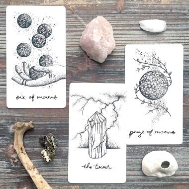 The Wandering Moon Tarot - Six of Moons, Six of Pentacles, Page of Moons, Page of Pentacles, The Tower