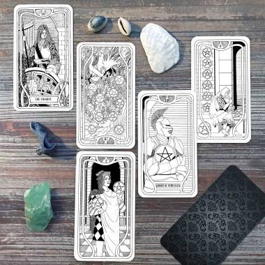 The Royal Court Tarot - The Chariot, Ten of Pentacles, Eight of Pentacles, Knight of Pentacles, Two of Pentacles