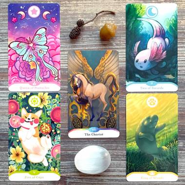 Loaf Tarot - Queen of Pentacles, Five of Cups, The Chariot, Two of Swords, King of Wands