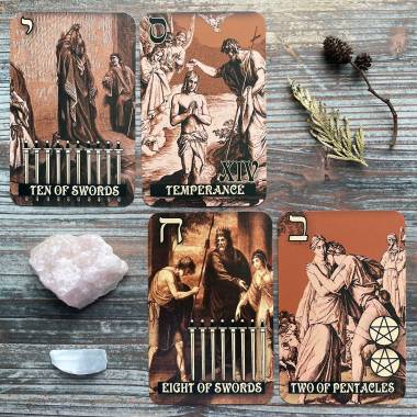 Tarot of the Most High - Eight of Swords, Two of Pentacles, Ten of Swords, Temperance