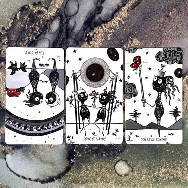Cosmic Beings Tarot - Ten of Cups, Four of Wands, Queen of Swords