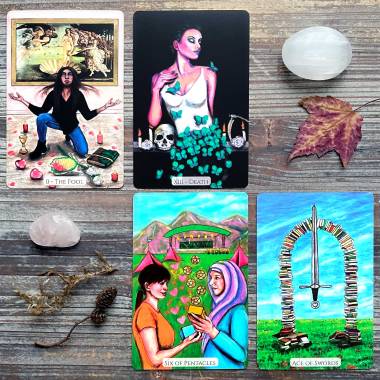 Modern Love Tarot - The Fool, Death, Six of Pentacles, Ace of Swords