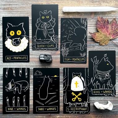 Into the Void The Black Cat Tarot - Nine of Wands, Three of Wands, Hierophant, King of Wands, Ten of Pentacles, Queen of Cups, Ace of Pentacles