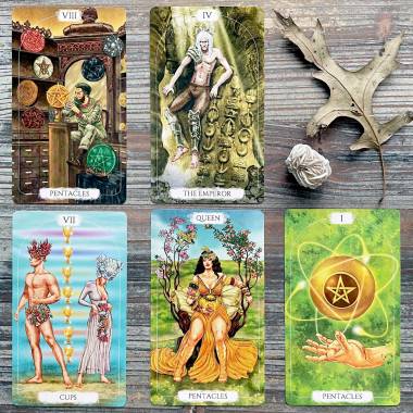 Spiritual Tarot - Ace of Pentacles, Queen of Pentacles, The Emperor, Seven of Cups, Eight of Pentacles