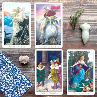 The Victorian Romantic Tarot - Ace of Swords, King of Swords, Five of Swords, Queen of Cups