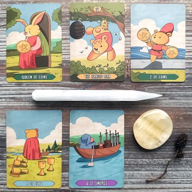 The Pooh Tarot Mini Edition - Queen of Coins, The Hanged Man, Two of Coins, Five of Cups, Six of Swords