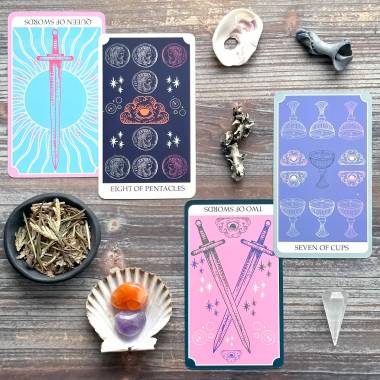 The Tarot by Kalan - Two of Swords, Seven of Cups, Queen of Swords, Eight of Pentacles
