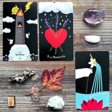Blooming Cat Tarot - The Tower, Three of Swords, Ace of Cups