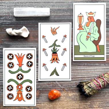 Tanya Teibtner's Tarot de Marseille - Nine of Coins, Six of Swords, Queen of Cups