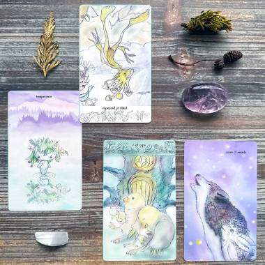 Cozy Fairy Tarot - Page of Pentacles, Temperance, Six of Cups, Queen of Swords
