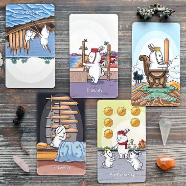 Chubby Bun Tarot - Six of Swords, Two of Wands, Queen of Swords, Six of Pentacles, Nine of Swords