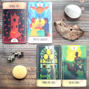 Fablemaker's Animated Tarot - The Tower, Two of Cups, Three of Pentacles, Six of Pentacles