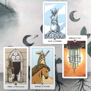 Lunalapin Tarot - Page of Swords, Ten of Swords, Three of Pentacles< Knight of Wands