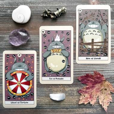 The Toro Tarot - Wheel of Fortune, Five of Pentacles, Nine of Wands