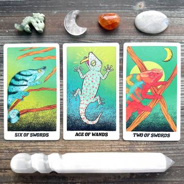 The Funny Little Lizard Tarot - Six of Swords, Ace of Wands, Two of Swords