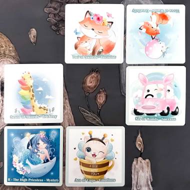 Cute Animal Tarot - Two of Swords, Three of Wands, Six of Wands, Seven of Swords, The High Priestess, Ace of Cups