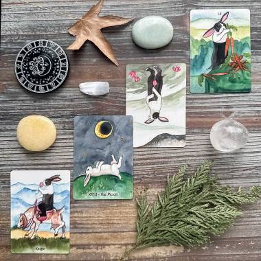 The Rabbit Tarot - Knight of Cups, The Moon, Four of Cups, Nine of Swords