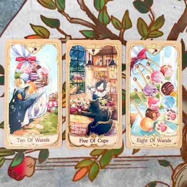 Maruco's Animal & Food Tarot - Ten of Wands, Five of Cups, Eight of Wands