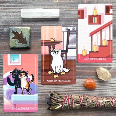 Diary of Cats Tarot - Ace of Swords, Four of Pentacles, The Lovers