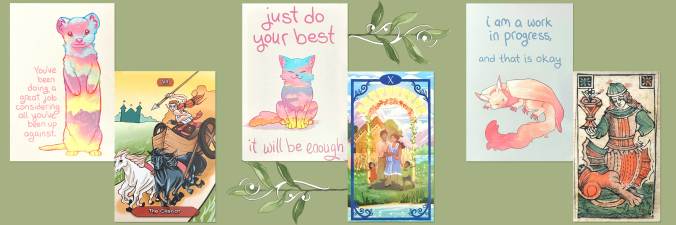 Mythical Mystic Mini Tarot, Decolonized Tarot, Minchiate al Cigno, and Thera-Pets Emotional Support Animal Cards