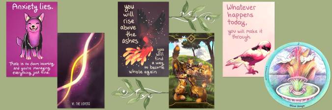 Spacious Tarot, Seasonal Fox Day Tarot, Songs for the Journey Home Tarot, and Thera-Pets Emotional Support Animal Cards