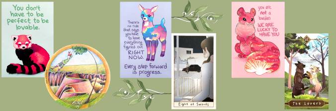 Songs for the Journey Home Tarot, Dive To You Tarot, Seasonal Fox Tarot Day Edition, and Thera-Pets Emotional Support Animal Cards