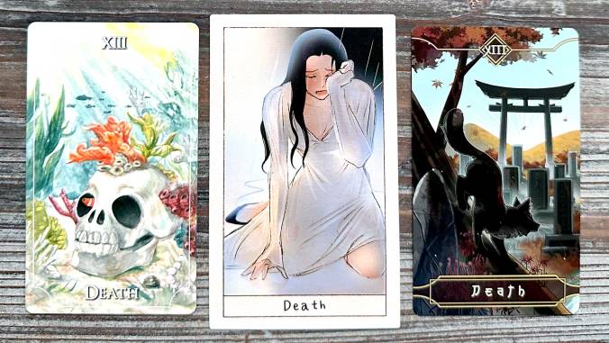 Death Card in the Healing Waves Tarot, Dive To You Tarot, and Seasonal Fox Tarot Day Edition