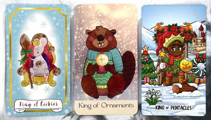 King of Pentacles in the Storybook Christmas Tarot, Christmas Cheer Tarot, and Xmas Elf Tarot