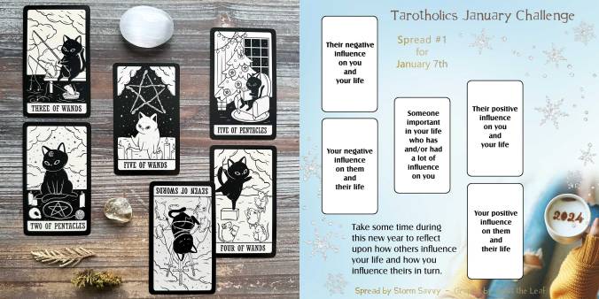 Tarotholics January Challenge Spread 1 with the Kitten Tarot - Two of Pentacles, Three of Wands, Five of Wands, Five of Pentacles, Four of Wands, Seven of Swords