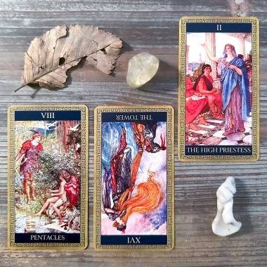 Tarot of Myths and Legends - The High Priestess, Eight of Pentacles, The Tower