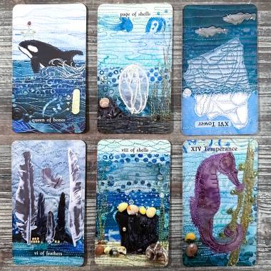 Tarot of the North Atlantic - Queen of Bones, Queen of Wands, Page of Shells, Page of Cups, The Tower, Six of Feathers, Six of Swords, Temperance, Eight of Shells, Eight of Cups