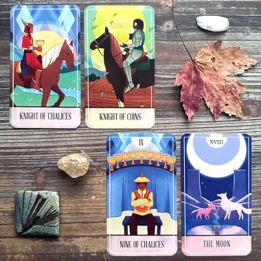 The Fablemaker's Tarot - Knight of Cups, Knight of Chalices, Knight of Coins, Knight of Pentacles, Nine of Cups, Nine of Chalices, The Moon