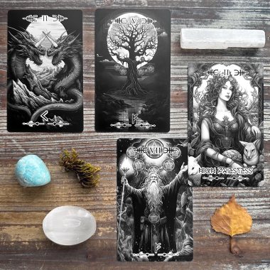 Viking Valor Tarot - High Priestess, Seven of Pentacles, Five of Pentacles, Two of Wands