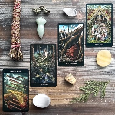 Slavic Legends Tarot - Eight of Wands, Five of Cups, Four of Swords, Ten of Coins, Ten of Pentacles