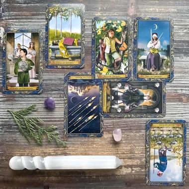 Wizard's Tarot - Eight of Wands, Two of Swords, Eight of Cups, Page of Swords, Death, Three of Pentacles, Four of Swords