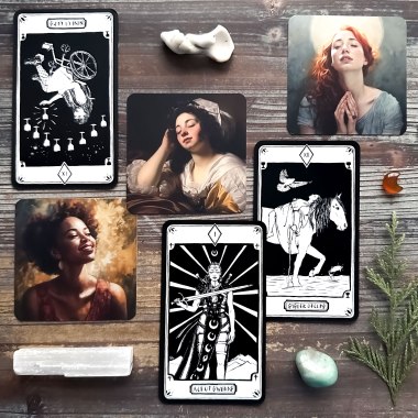 My Feelings Metaphoric Cards and Katrin Blackwater Tarot - Nine of Cups, Ace of Swords, Page of Cups, Sister of Cups