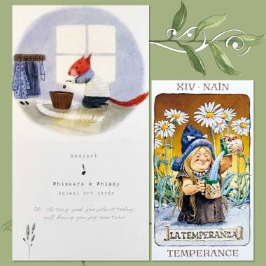 Cozy Cards for Sad and Anxious Moments and Tarot of the Gnomes Temperance card
