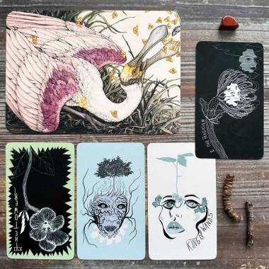 Lauren Marx Art Postcard Set and Jupiter Power Tarot - The Magician, The Tower, King of Cups, King of Wands