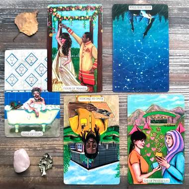 Modern Love Tarot - Four of Wands, The Star, Nine of Cups, Six of Pentacles, King of Swords
