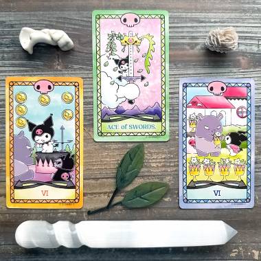 Luna's Kuromi Tarot - Six of Coins, Ace of Swords, Six of Cups