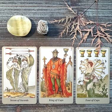 Victorian Romance Tarot - Seven of Swords, King of Cups, Four of Cups