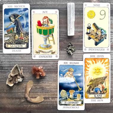 Tarot of the Gnomes - Death, Ace of Cups, Nine of Pentacles, The Sun, Judgement